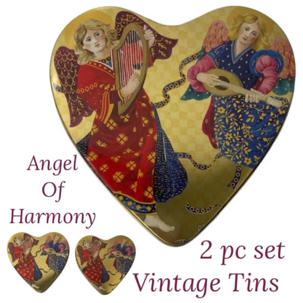 Vintage Tins Angels Heart Victorian Angel Harp Cherubs Keepsake Box Cookie Gold